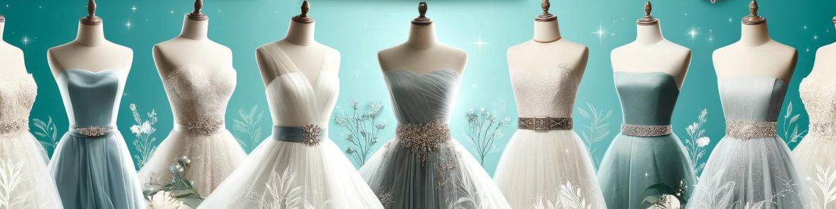 collection de ceintures de mariée en strass et perles, sur un fond turquoise doux, avec des éléments floraux délicats