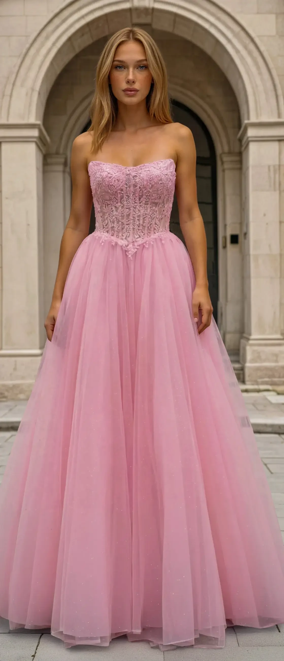 Model wearing a white gown and posing
