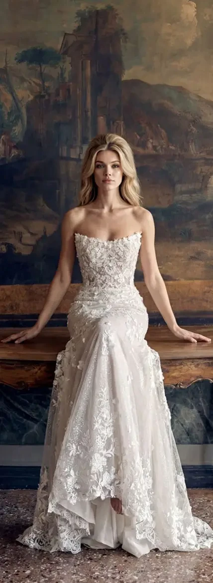 Model wearing a white gown